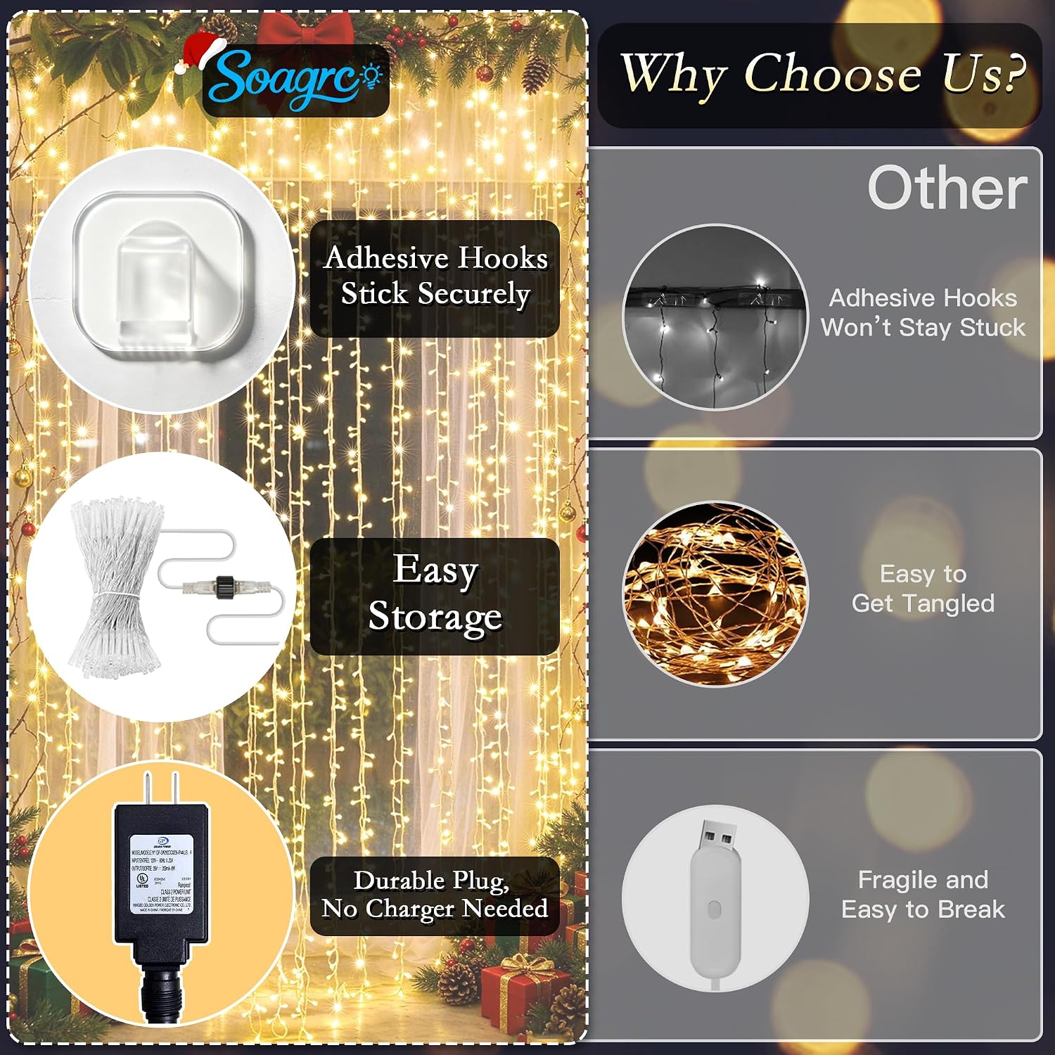 Detalle de Soagrc BG-CL3M3-306L01 Curtain String Lights, 300 Warm White LEDs