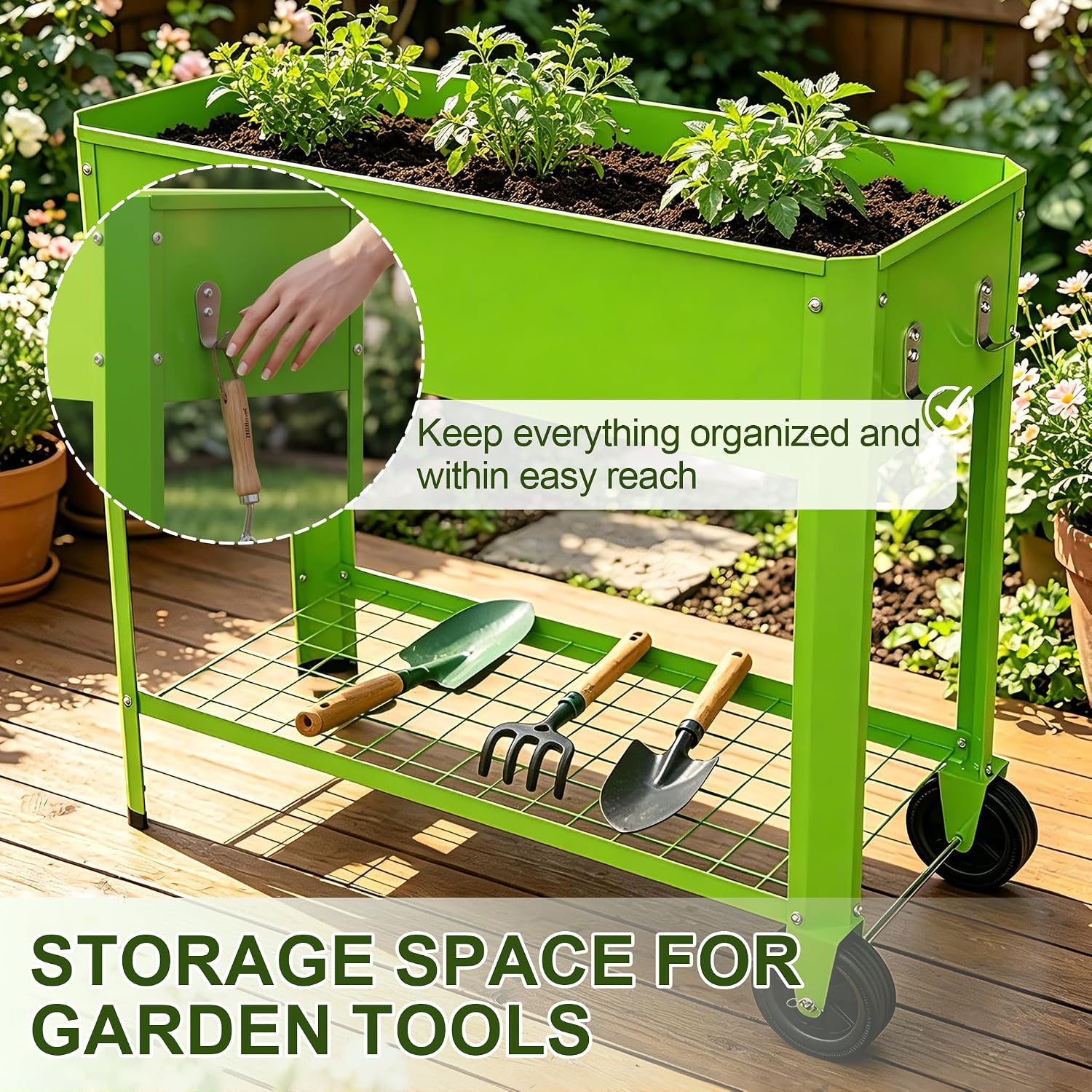 Detalle de UISEBRT Mobile Raised Bed, 56 L, 80 cm High with Wheels and Shelf