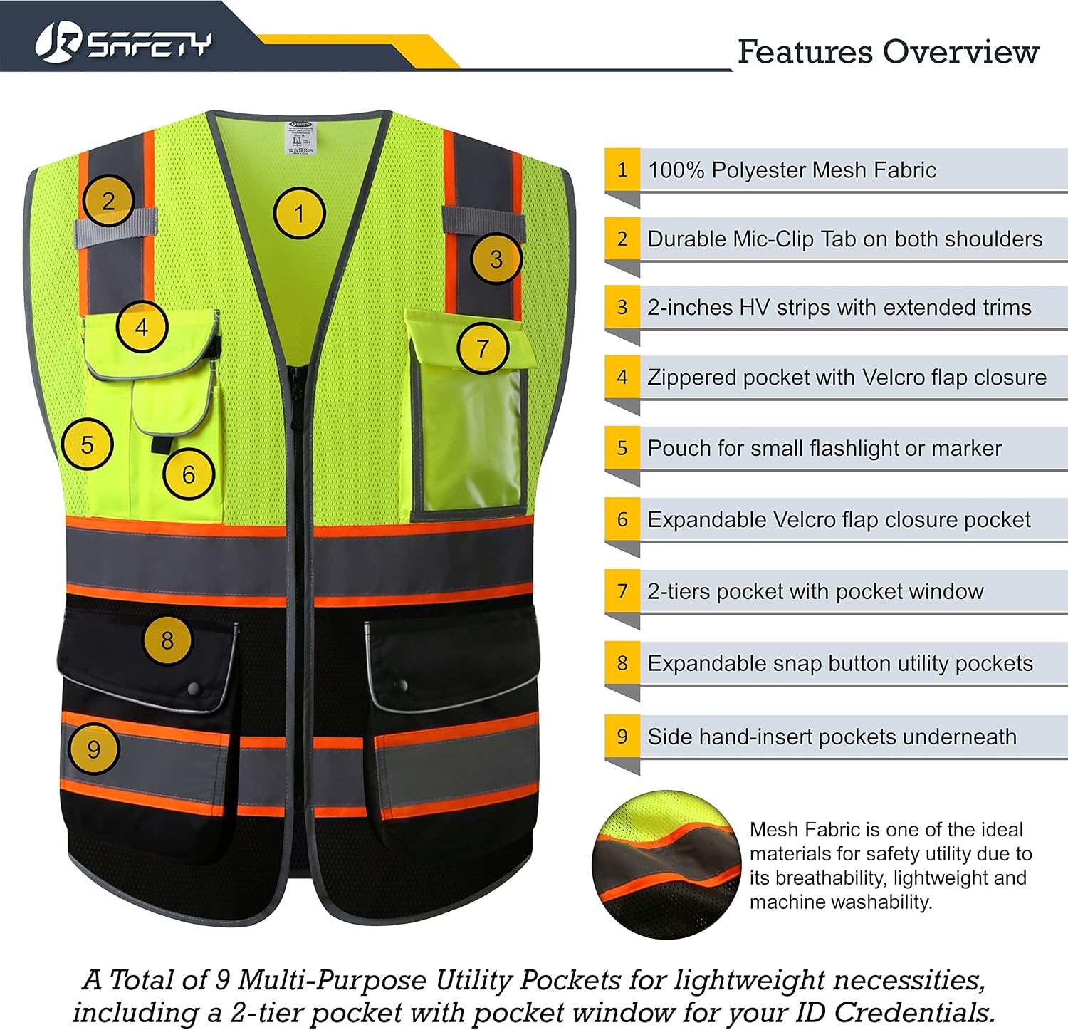 Detalle de JKSafety 9 Pockets Mesh Lite Safety Vest 360° Reflective