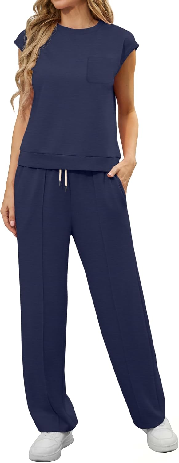 Detalle 2 de GRECERELLE Two Piece Women’s Summer Tracksuit Set – Crew Neck Cap Sleeve Top & Jogging Bottoms with Pockets