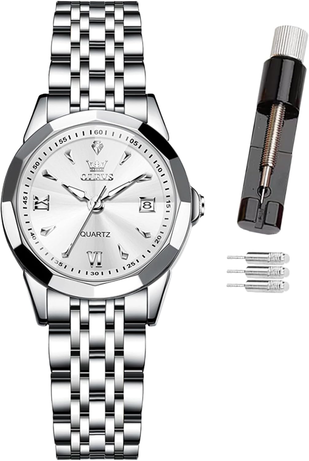 Detalle de OLEVS Montre à quartz pour femme avec cadran diamant, acier inoxydable et lumière nocturne