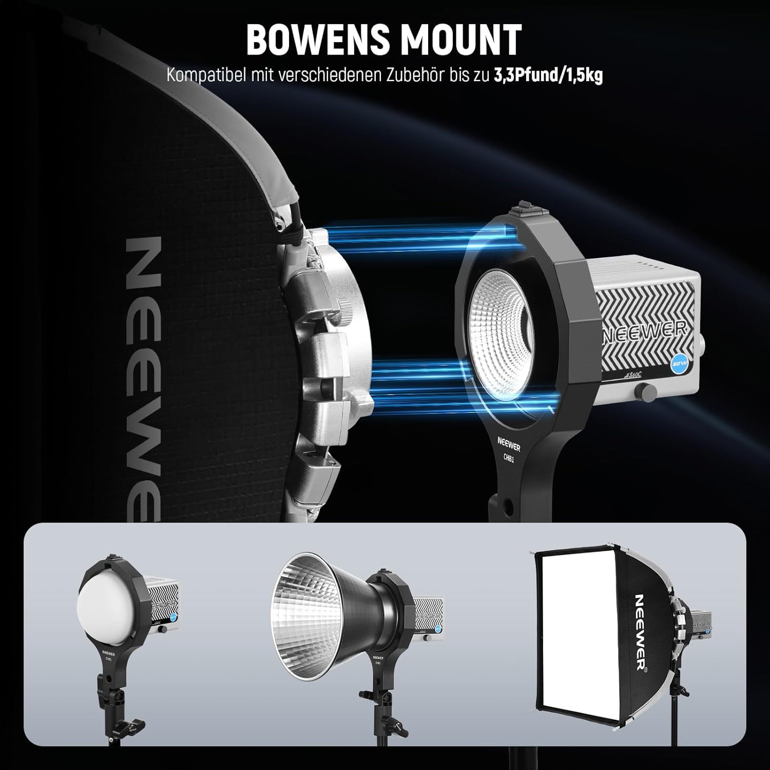 Detalle de NEEWER Bowens Halterung CHB1 – Mini-Adapterring für Bowens-Zubehör (5/8", 180° Neigung)