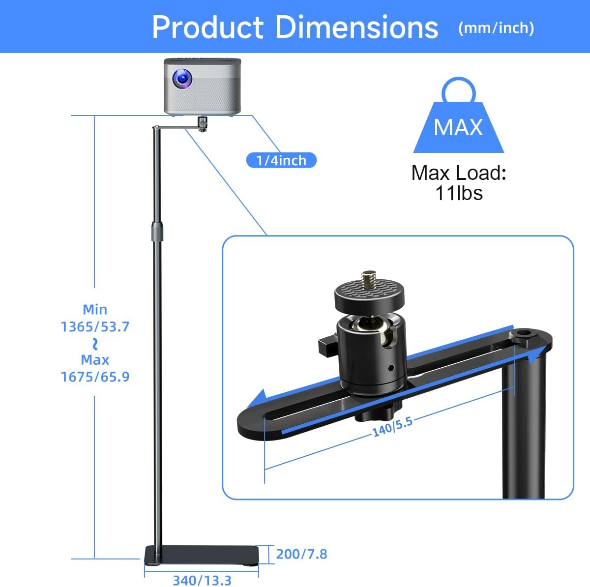 Thumbnail 6 de Suptek Supporto per proiettore estensibile a parete 167,4 cm — girevole 360° e altezza regolabile