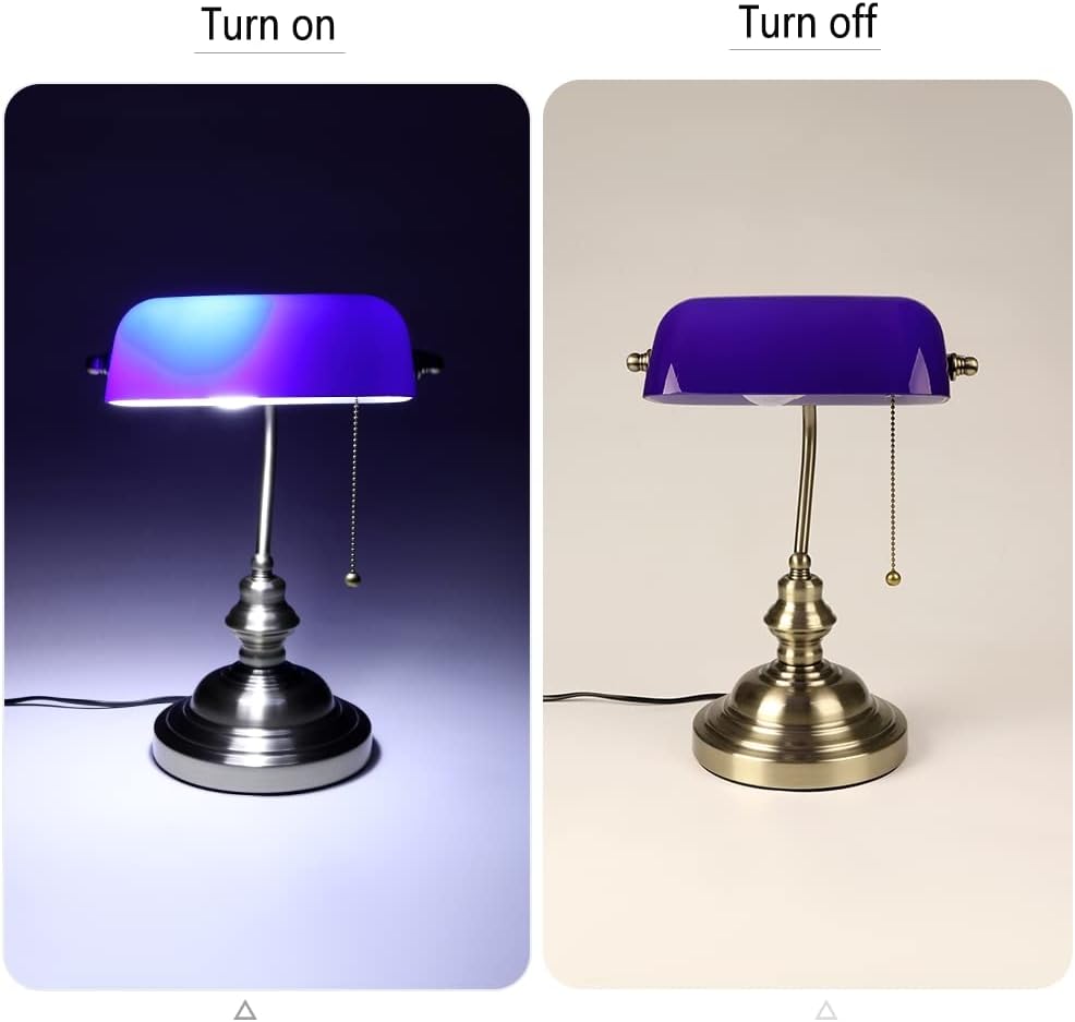 Detalle de FIRVRE Tischlampe Blau Glas Vintage – Bankerlampe mit Zugkettenschalter