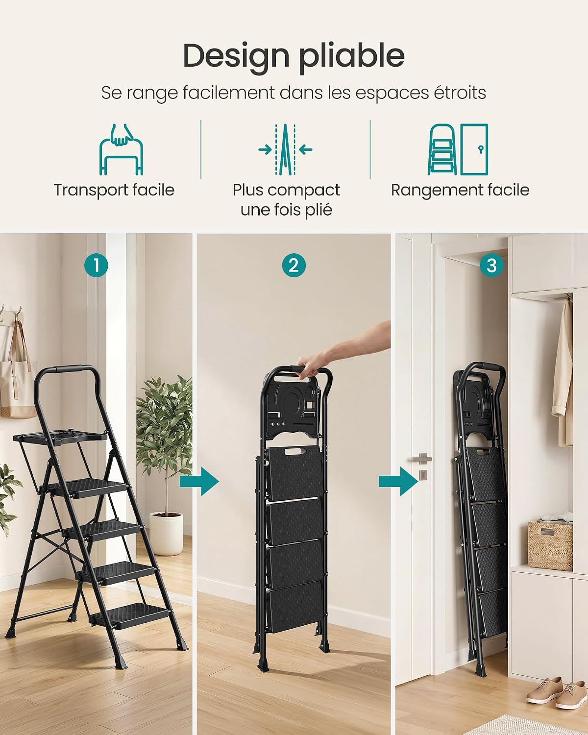 Detalle 1 de SONGMICS GSL204BZ01 vouwladder met 4 treden, stalen frame en antislip