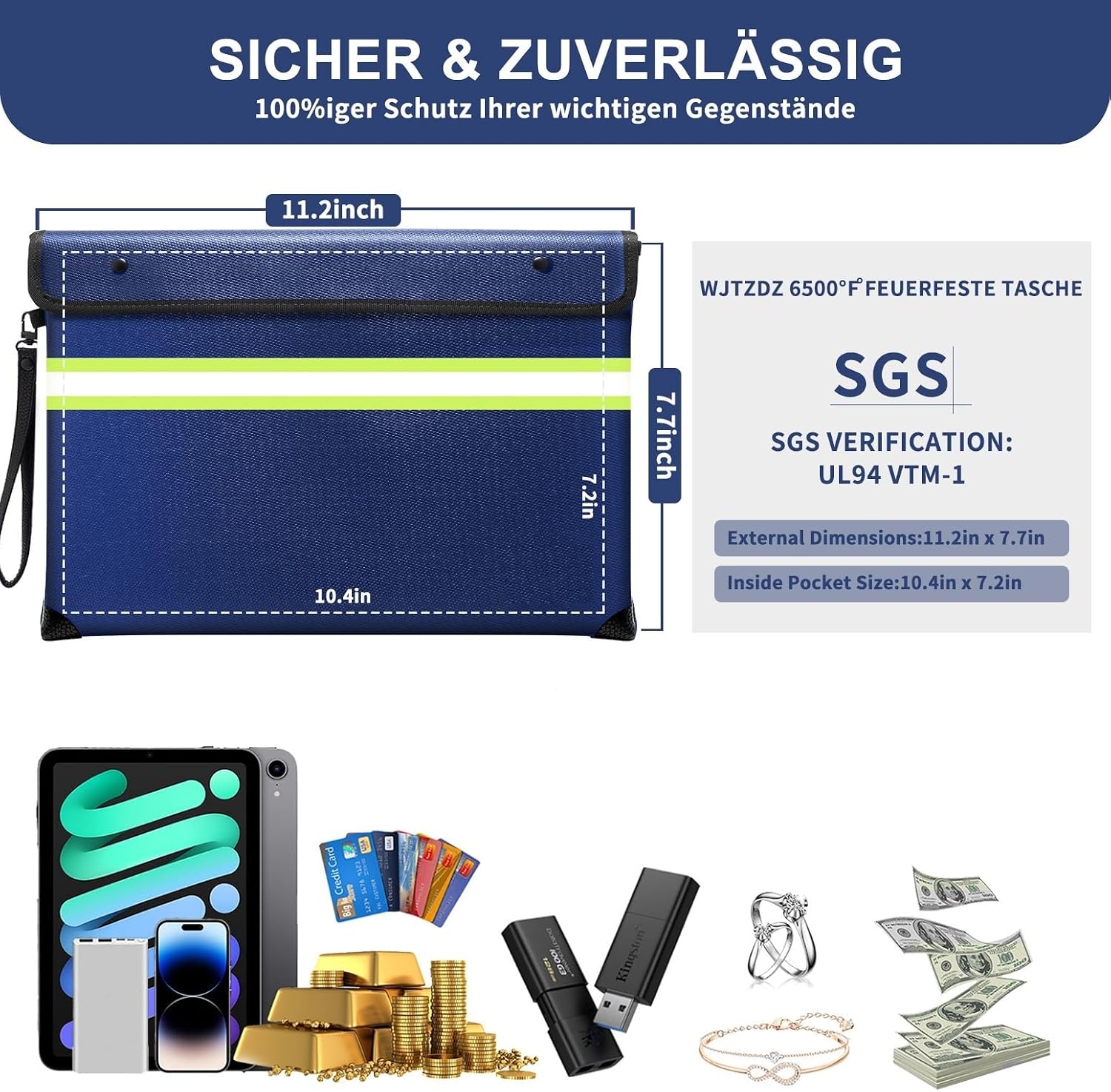 Detalle de Feuerfester Geldbeutel mit Griff – 6500 °F wasserdicht & 10-lagig isoliert (für Bargeld und Dokumente)