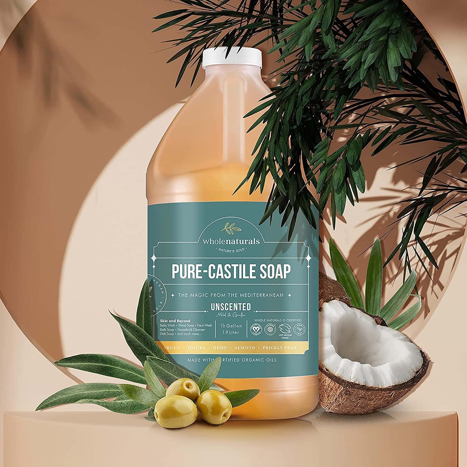 Detalle de WHOLENATURALS Pure Castile Soap, Unscented, 64 fl oz, Organic Plant Oils