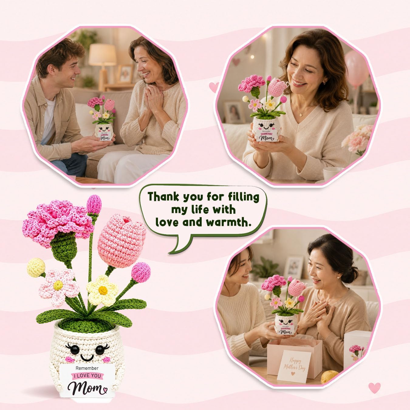 Detalle de THEGIFTY Pot-Mom-A001 Crochet Flower Pot for Mom, Wool Keepsake Decor
