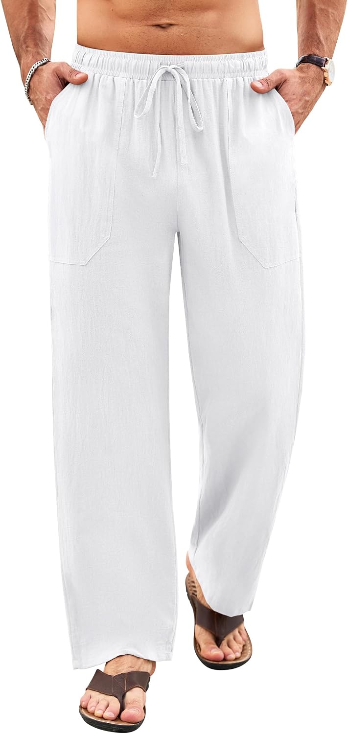 Detalle de Litthing Pantalones de Lino para Hombre: Jogging de Verano 95% Algodón 5% Lino con Cordón y Bolsillos