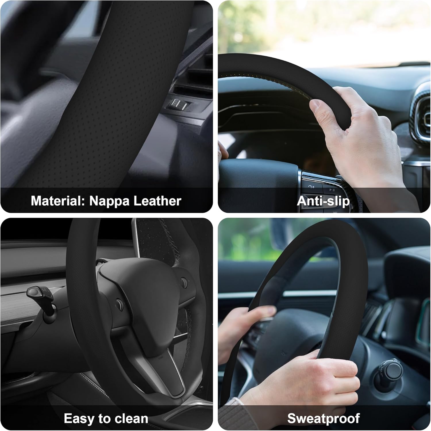 Thumbnail 5 de Frani Nappa Leather Steering Wheel Cover (Universal Fit 15 Inch) — Black Anti-Slip Comfort Grip