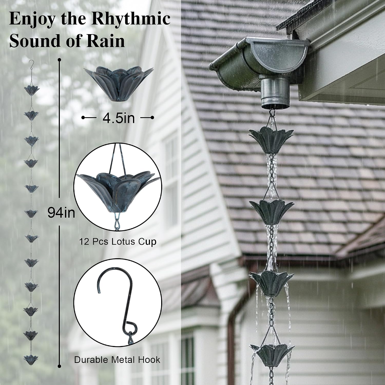 Detalle de Topadorn 8 ft Metal Rain Chain with 12 Lotus Cups, Adjustable Length