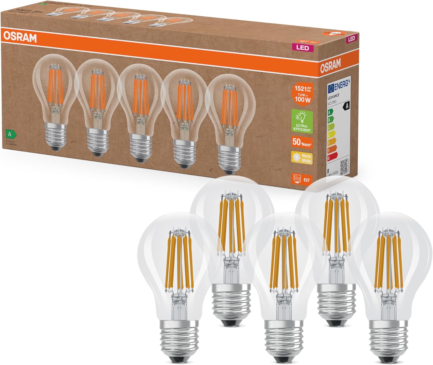 Detalle de OSRAM Lampade LED ad alta efficienza E27 4W – confezione da 5, vetro filamento 2700K