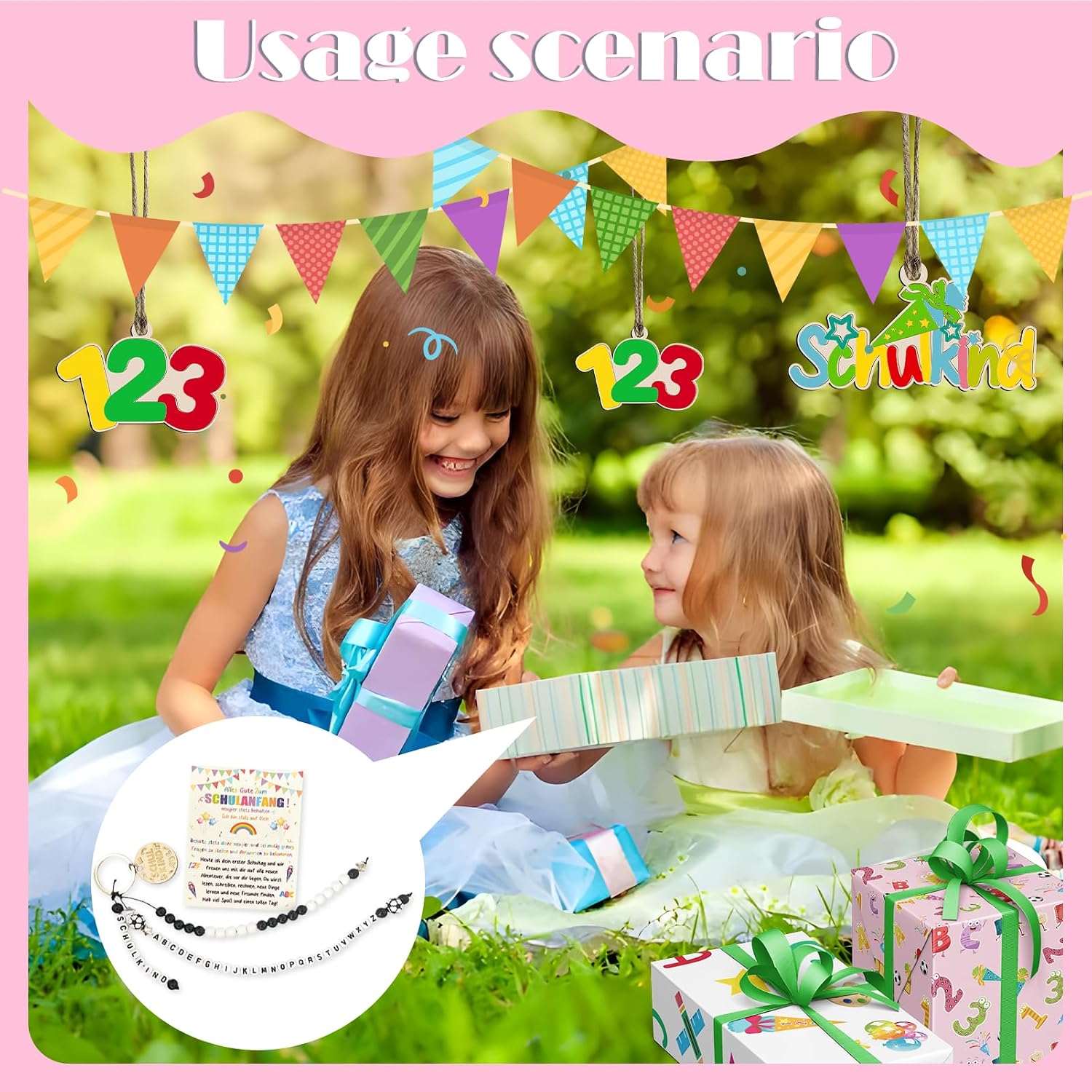 Detalle 2 de UTEFIF Schulkind Geschenk – Rechenkette Schultüte mit Schulanfang Glücksbringer plus Grußkarte (schwarz)