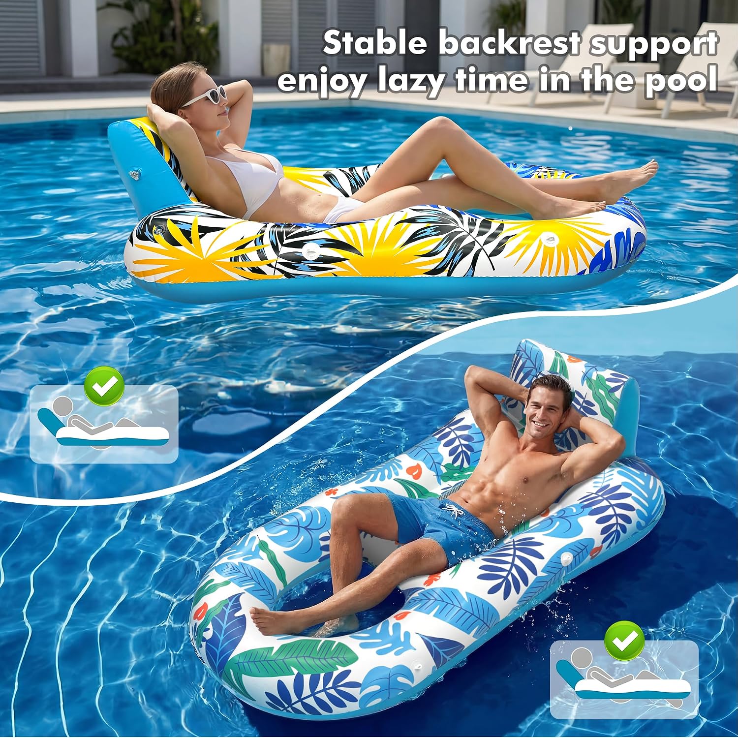 Thumbnail 1 de 2-Pack Adult Pool Float Loungers with Cup Holders, Backrest & Footrest (Pink/Blue)