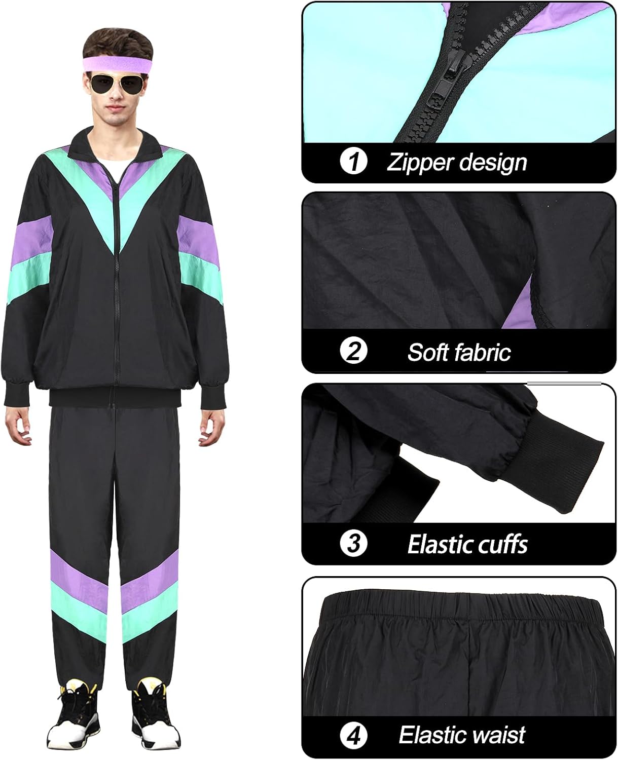Thumbnail 3 de YADODO Costume années 80/90 chándal : veste + pantalon avec accessoires disco rétro