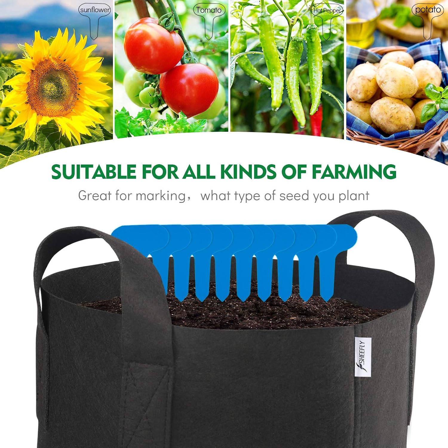 Detalle 2 de SHEEFLY 10 Pack 7 Gallon Grow Bags (300GSM) with Reinforced Handles and Plant Labels