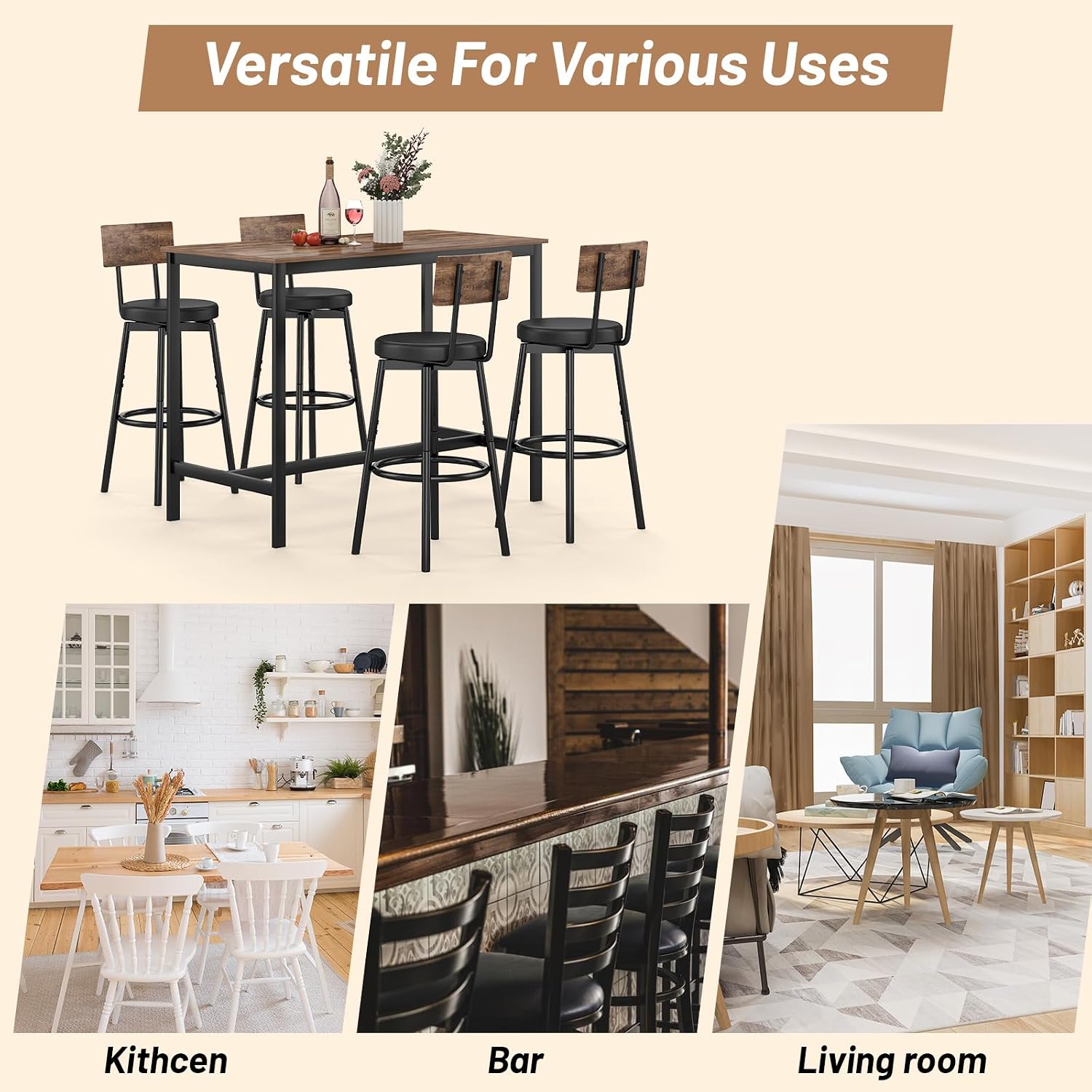 Detalle 2 de Zevemomo DT-01 Dining Table Set for 4 with Brown Top and PU Stools