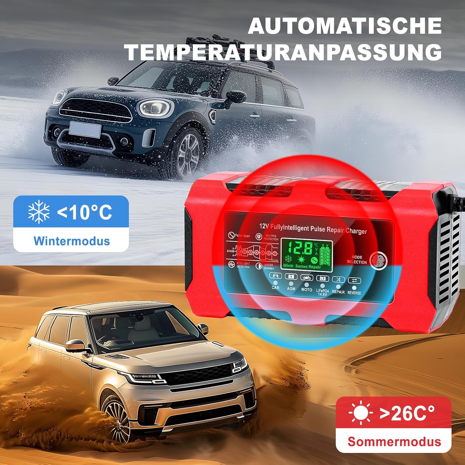 Thumbnail 3 de YDBAO Autobatterie-Ladegerät 10A 12V Smart – vollautomatisches KFZ-Ladegerät mit LCD, Temperaturkompensation & Reparaturmodus