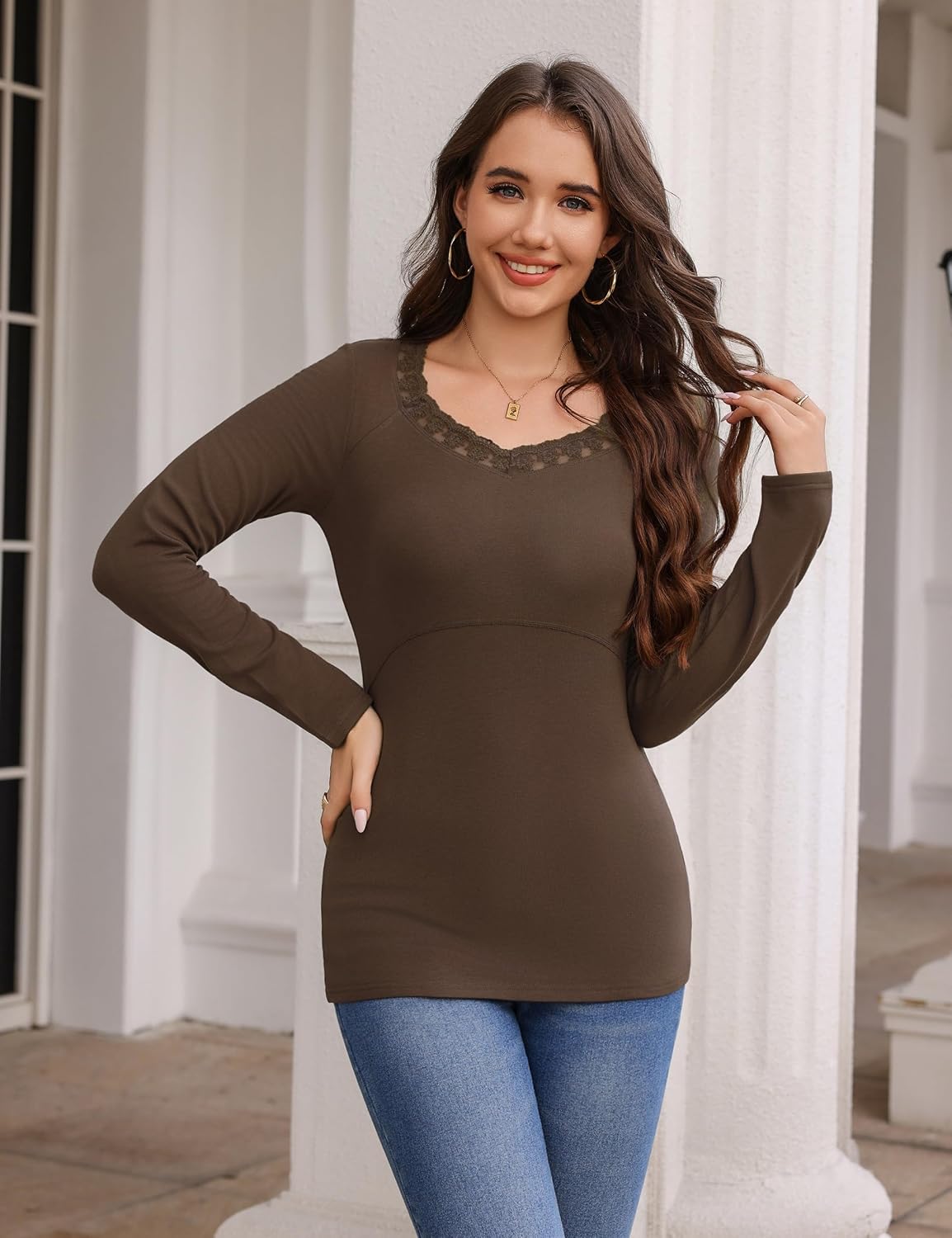 Detalle 2 de Bresdk sous-vêtement thermique femme dentelle col en V manches longues, léger slim fit