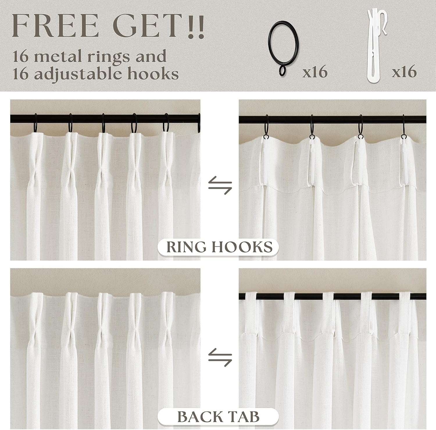 Thumbnail 4 de Textured Linen Pleated Curtains 108 in, 2 Panels 🪟