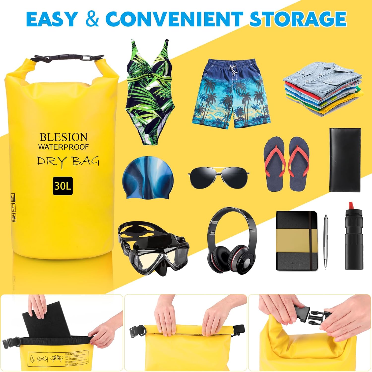 Detalle de BLESION Dry Bag 5–30L wasserdichte Tasche mit verstellbarem Schultergurt – für Kajak, Angeln, Wandern