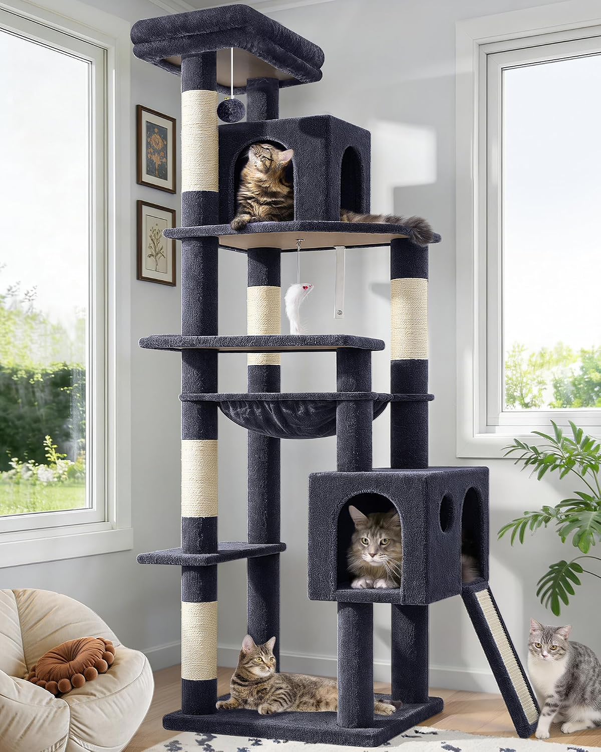 Globlazer Heavy Duty Cat Tree, 70-Inch Tall with Hammock, Condo, and Dual Climbing Paths
