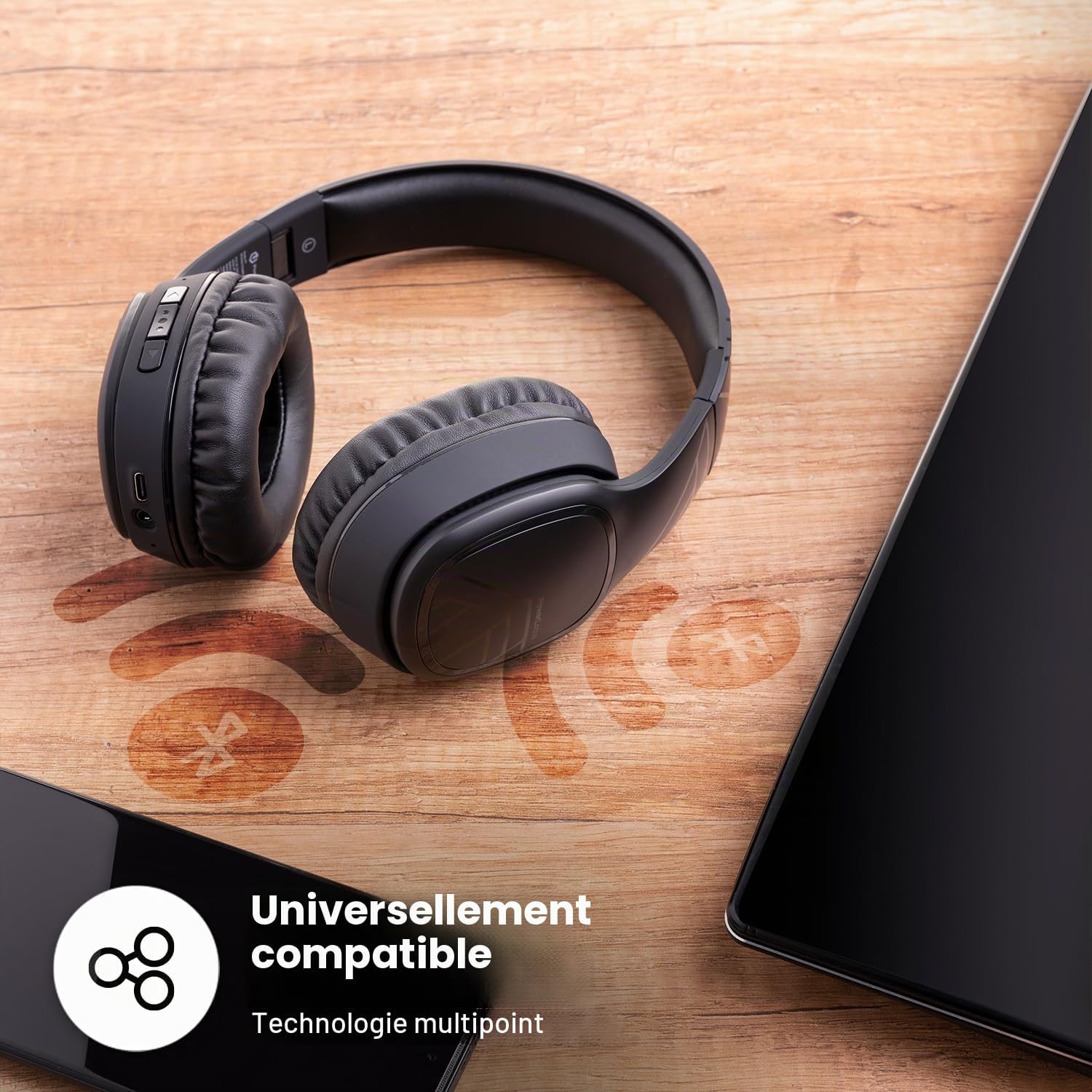 Thumbnail 5 de PowerLocus Casque Bluetooth sans Fil – 60 Heures d’autonomie, micro, pliable et confort sur l’oreille