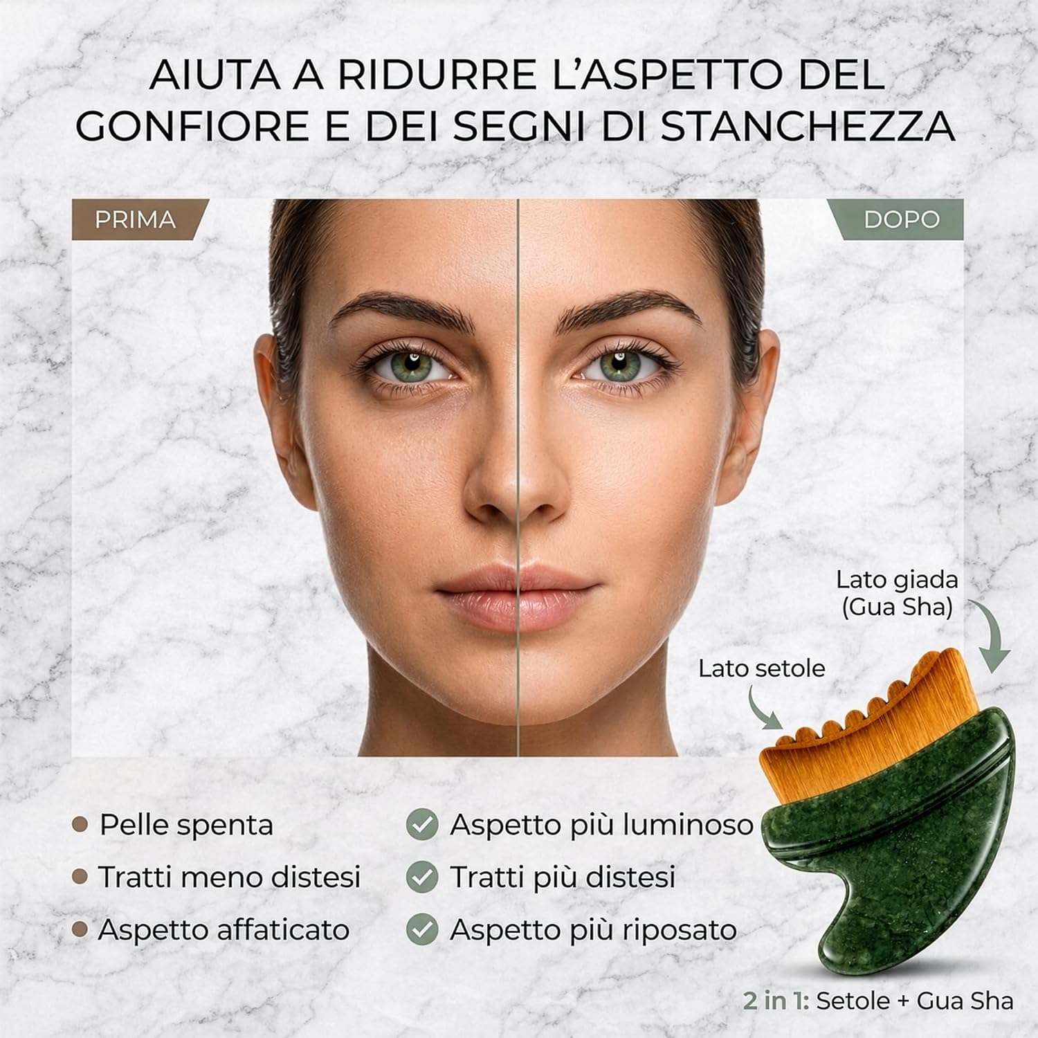 Detalle de Gua Sha Viso in Giada Naturale 2 in 1 Aerthys – Massaggiatore Linfodrenante per Contorno Occhi, Viso e Mandibola