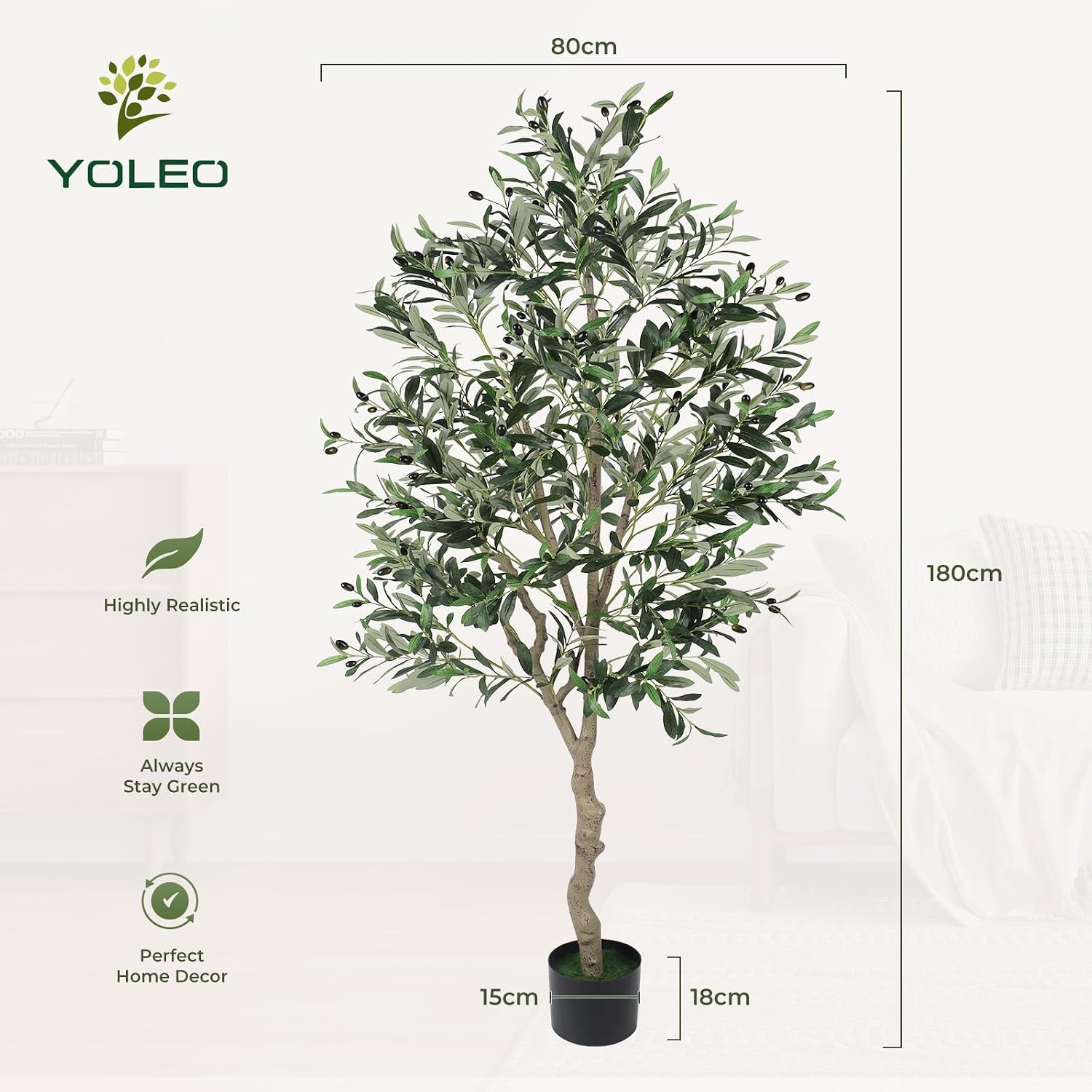 Detalle de YOLEO 6FT Artificial Olive Tree (Style 5) – Faux Olive Silk Plant for Indoor & Balcony Decor