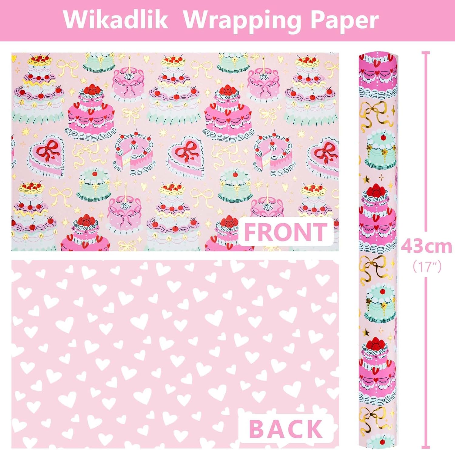Thumbnail 3 de Wikadlik Pink Wrapping Paper (43cm x 10m) – romantic cakes and hearts mini roll gift wrap