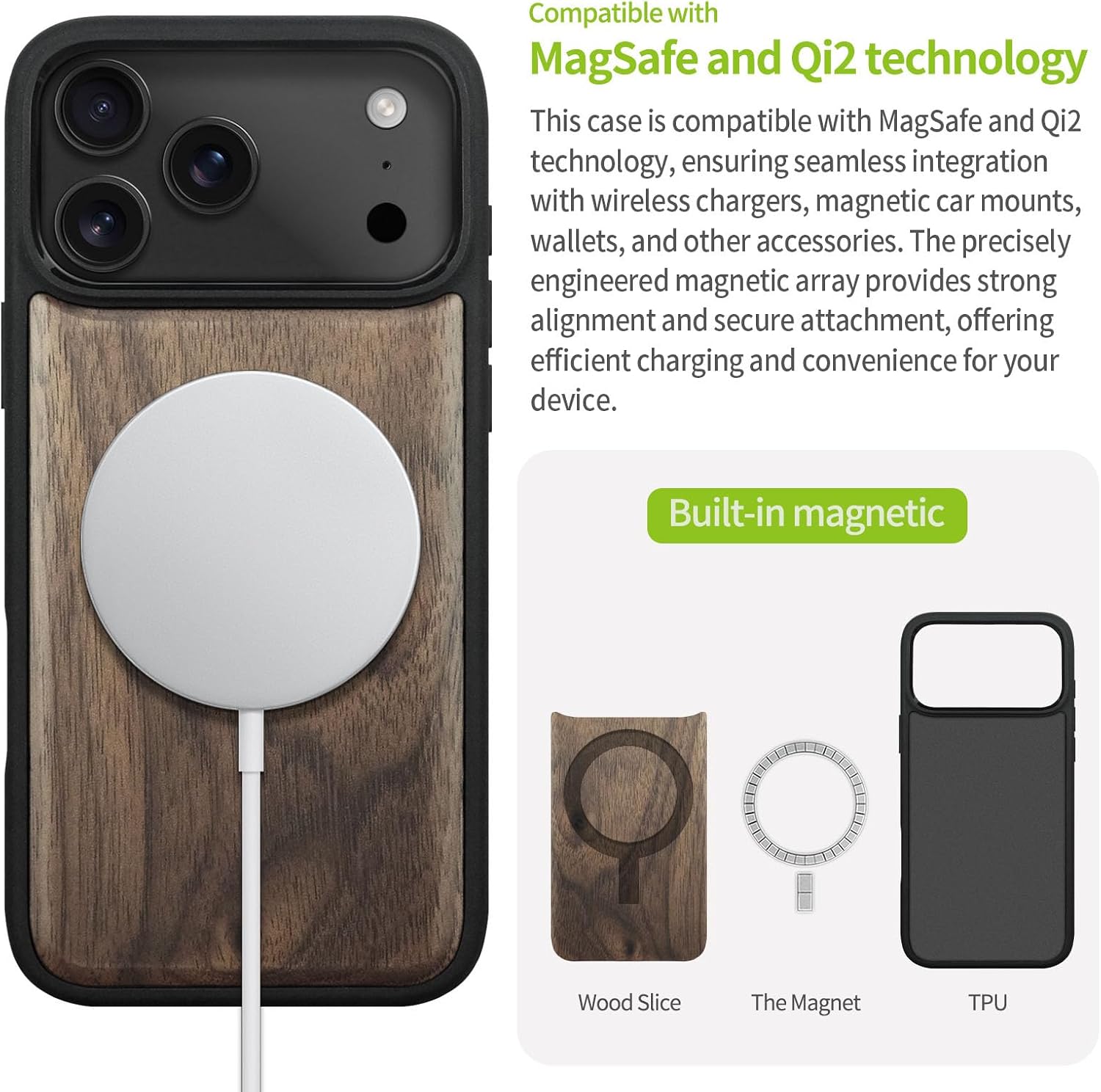 Detalle de Carveit Magnetic Wooden Case for iPhone 17 Pro Max (Walnut) — Laser-Engraved Wood + Soft TPU Shockproof Cover