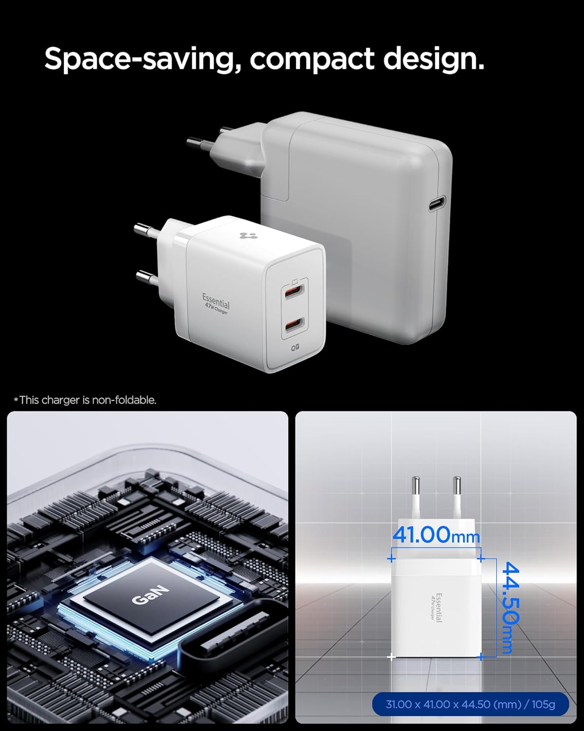 Thumbnail 3 de Spigen ArcStation Essential 47W chargeur USB-C double port GaN (PD 3.0, PPS) blanc