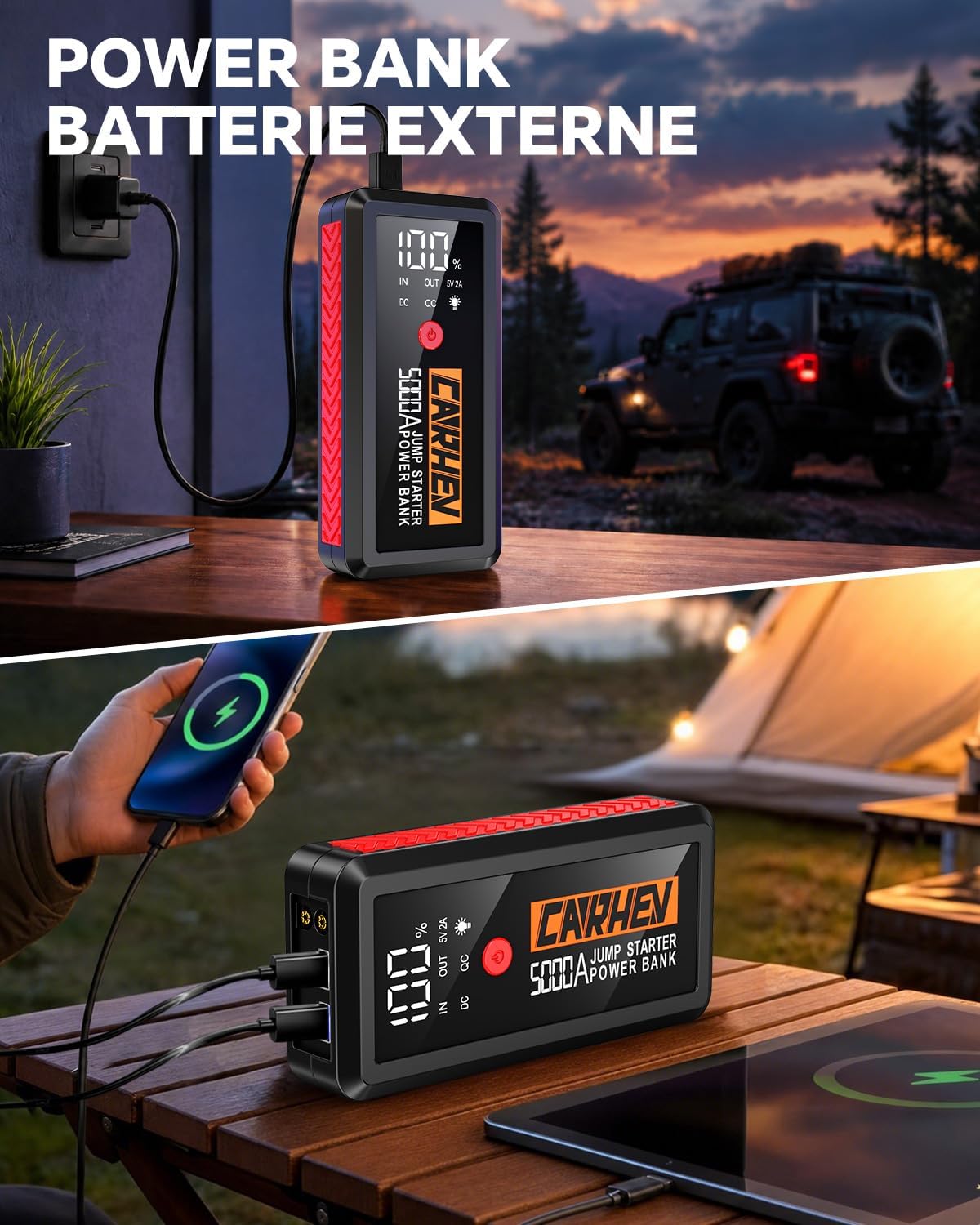 Detalle de CARHEV autoaccubooster, 5000 A en 12 V met lcd-scherm en veiligheidsklemmen