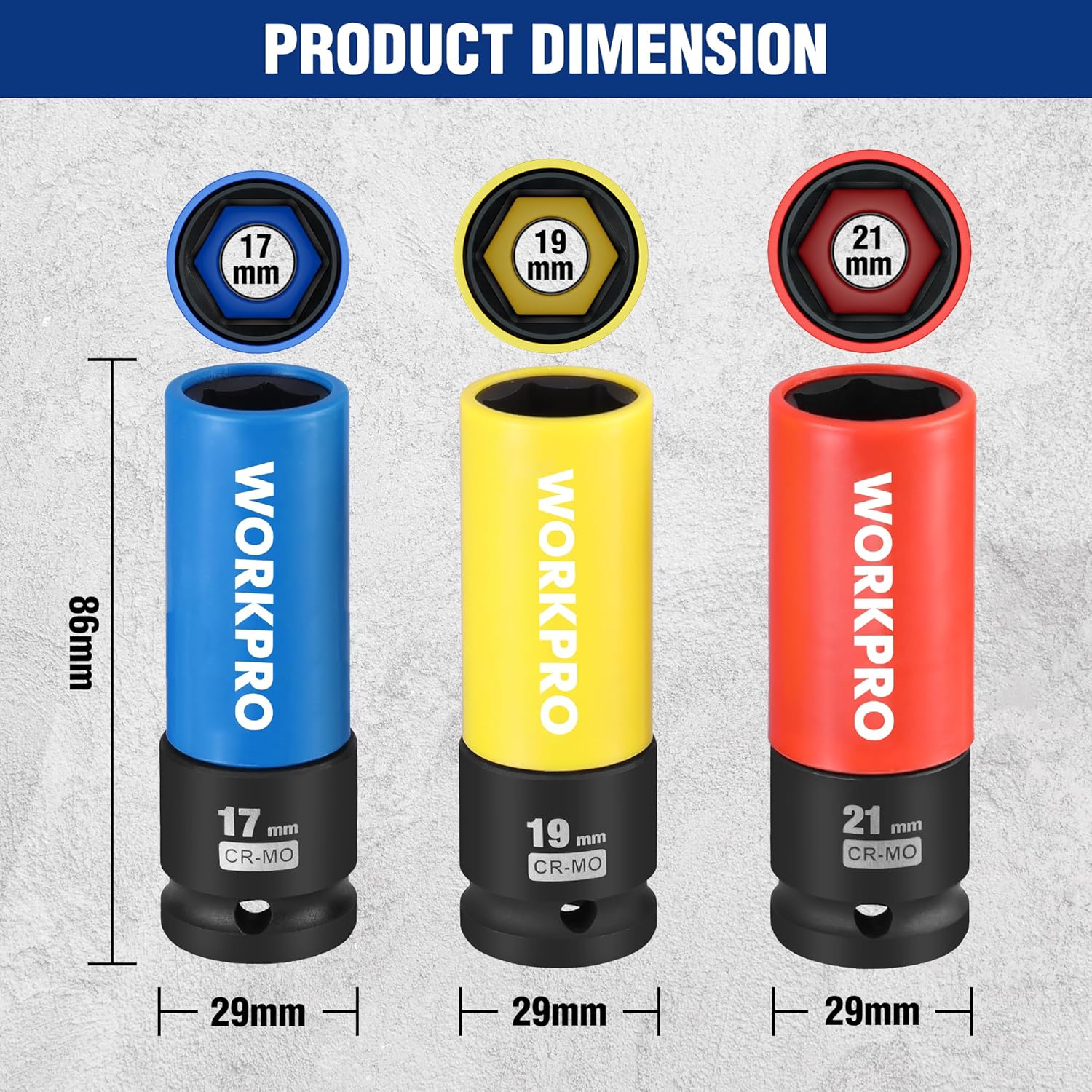 Thumbnail 1 de WORKPRO 1/2-inch Drive Thin Wall Lug Nut Impact Socket Set (17mm, 19mm, 21mm) – 3 pcs with storage case