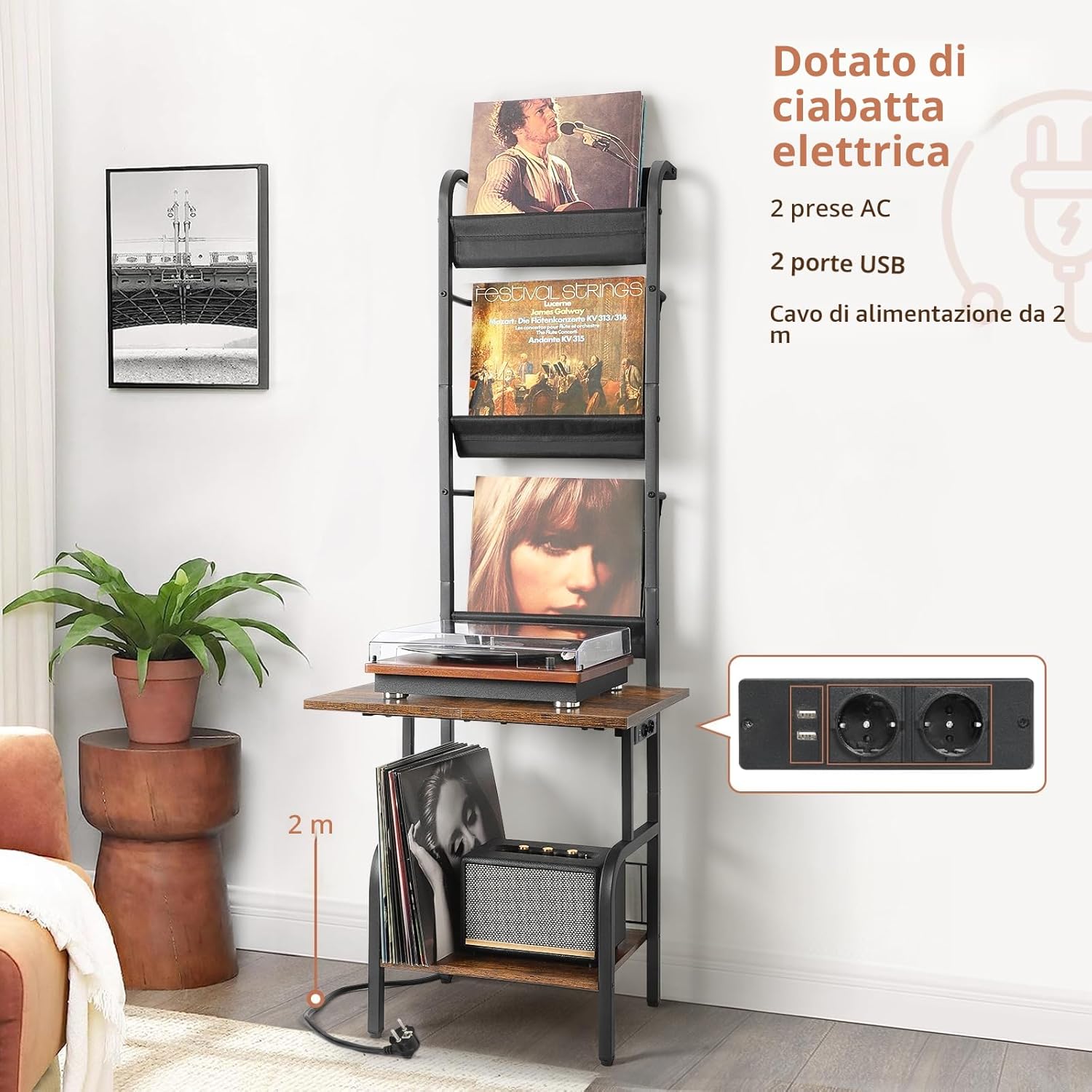 Detalle de Bikoney Supporto giradischi con presa di corrente e ripiani per vinili fino a 200 album
