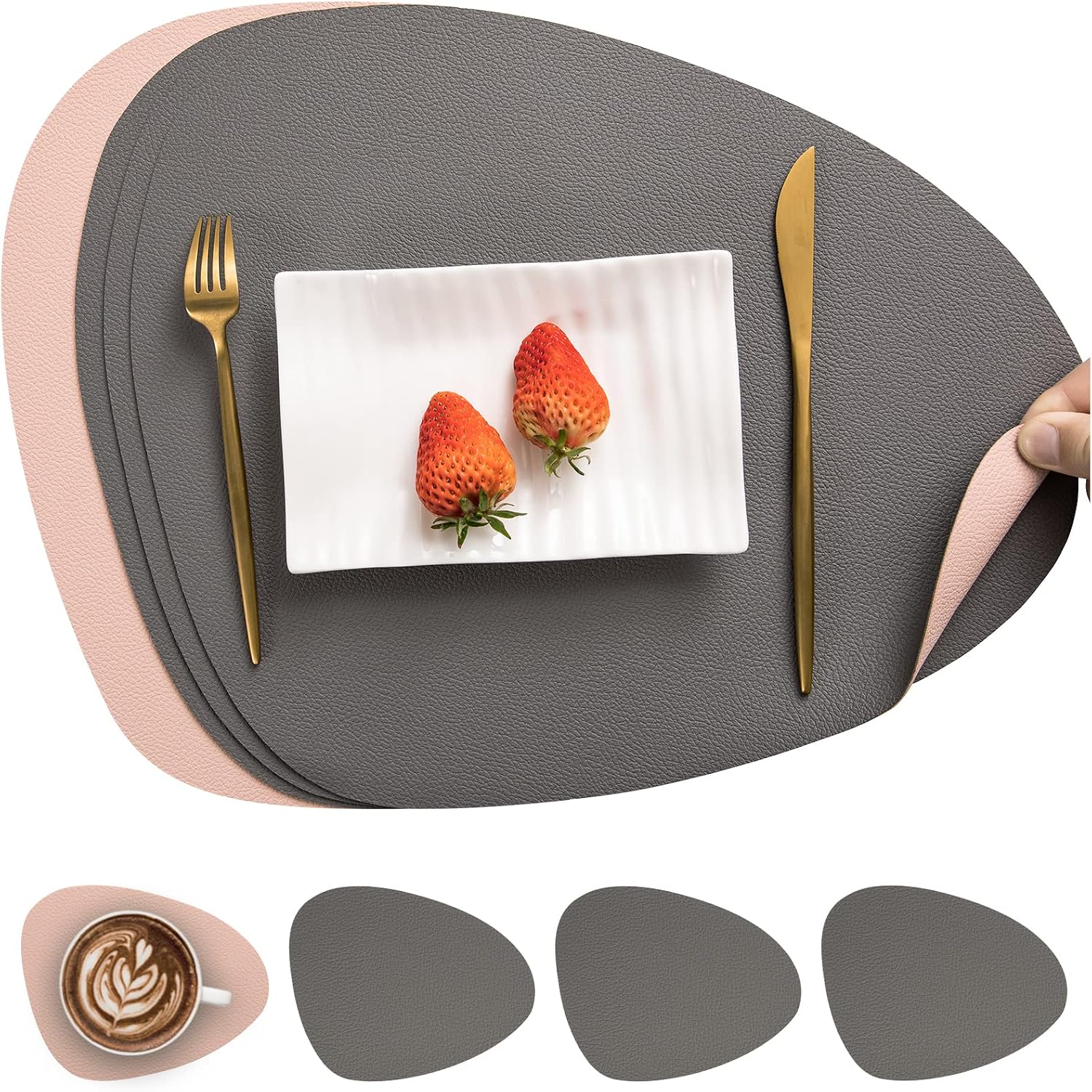 Myir JUN Tischsets aus Kunstleder im Doppelpack-Set (Grau/Rosa) inkl. Untersetzer, abwaschbar & rutschfest
