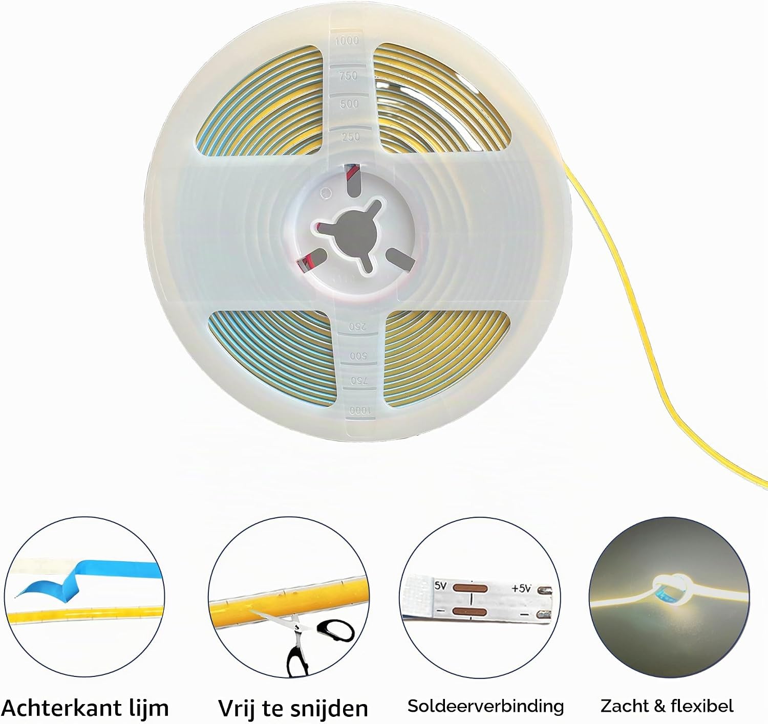 Detalle de Clearhill 5VCOB5MM-USB-5-3000K COB-ledstrip, 5 m, 3000 K, 400 leds/m, 5 mm