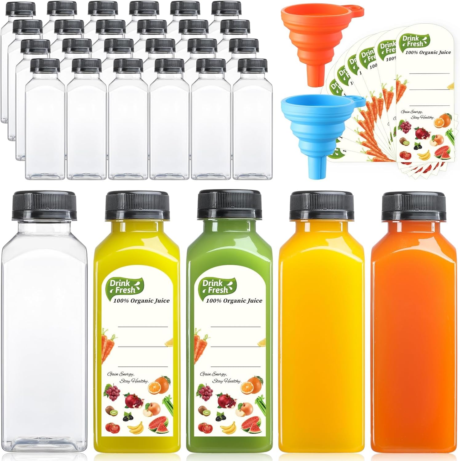 12 oz Reusable Juice Bottles with Lids & Funnels (24 Pack)
