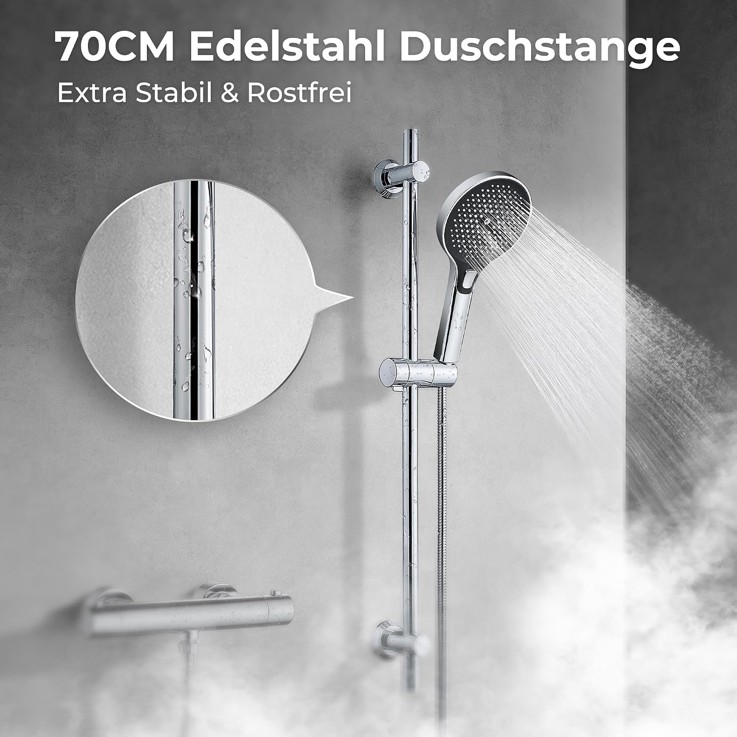 Detalle de JOHO Edelstahl Duschstange 70 cm – Duschset mit XXL-Handbrause, Schlauch & verstellbarem Halter