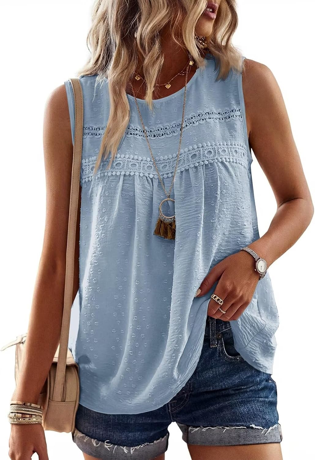 Detalle de TUUHAW Tank Top Damen – Sommer-Top mit Boho-Spirit, Ärmellos, Rundhals und Swiss-Dot Muster