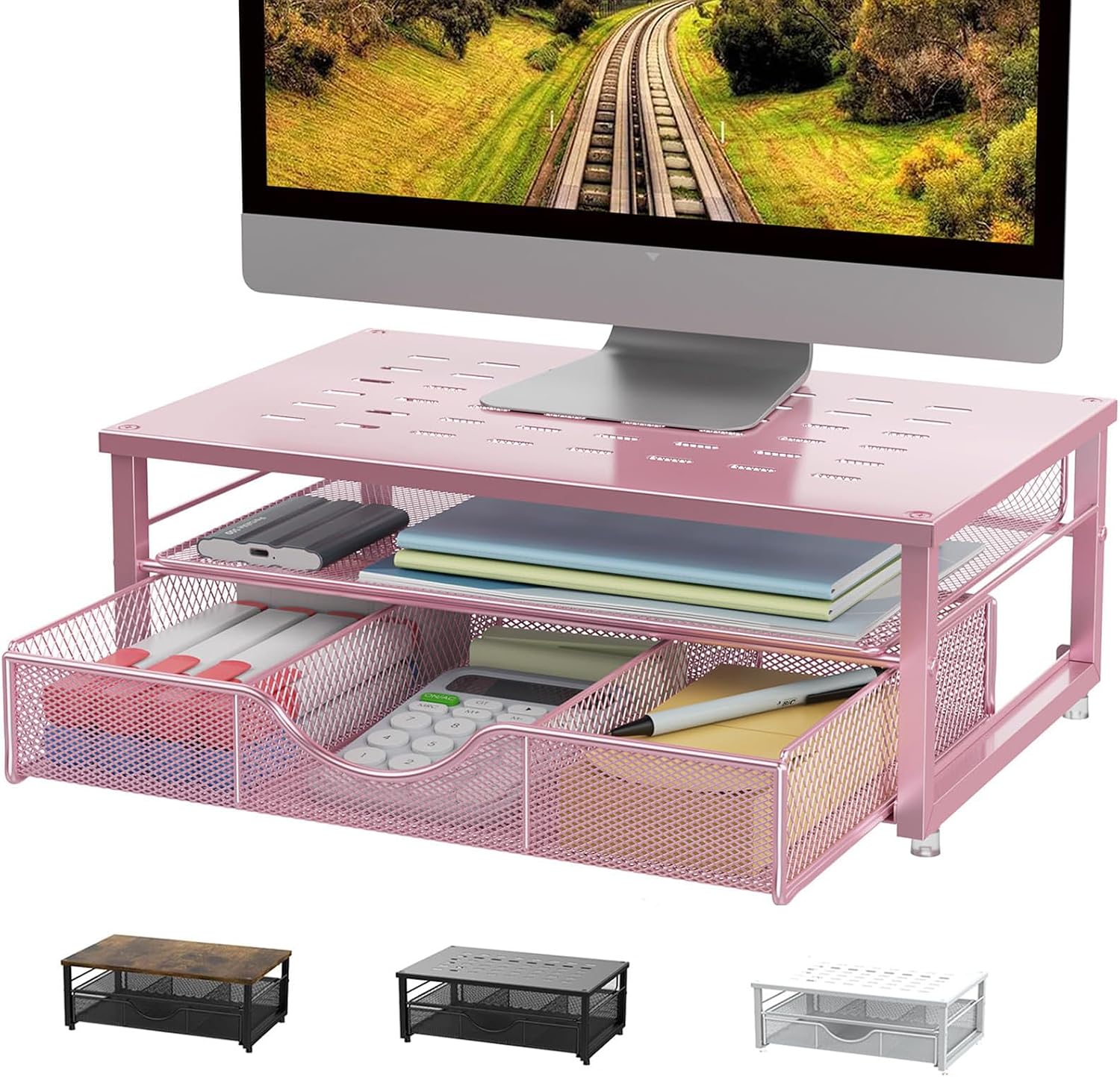 Pygocereri Monitor Stand Riser with Drawer (Pink) – Desk Organiser & Ventilated Steel, for Monitors, Laptops and Printers