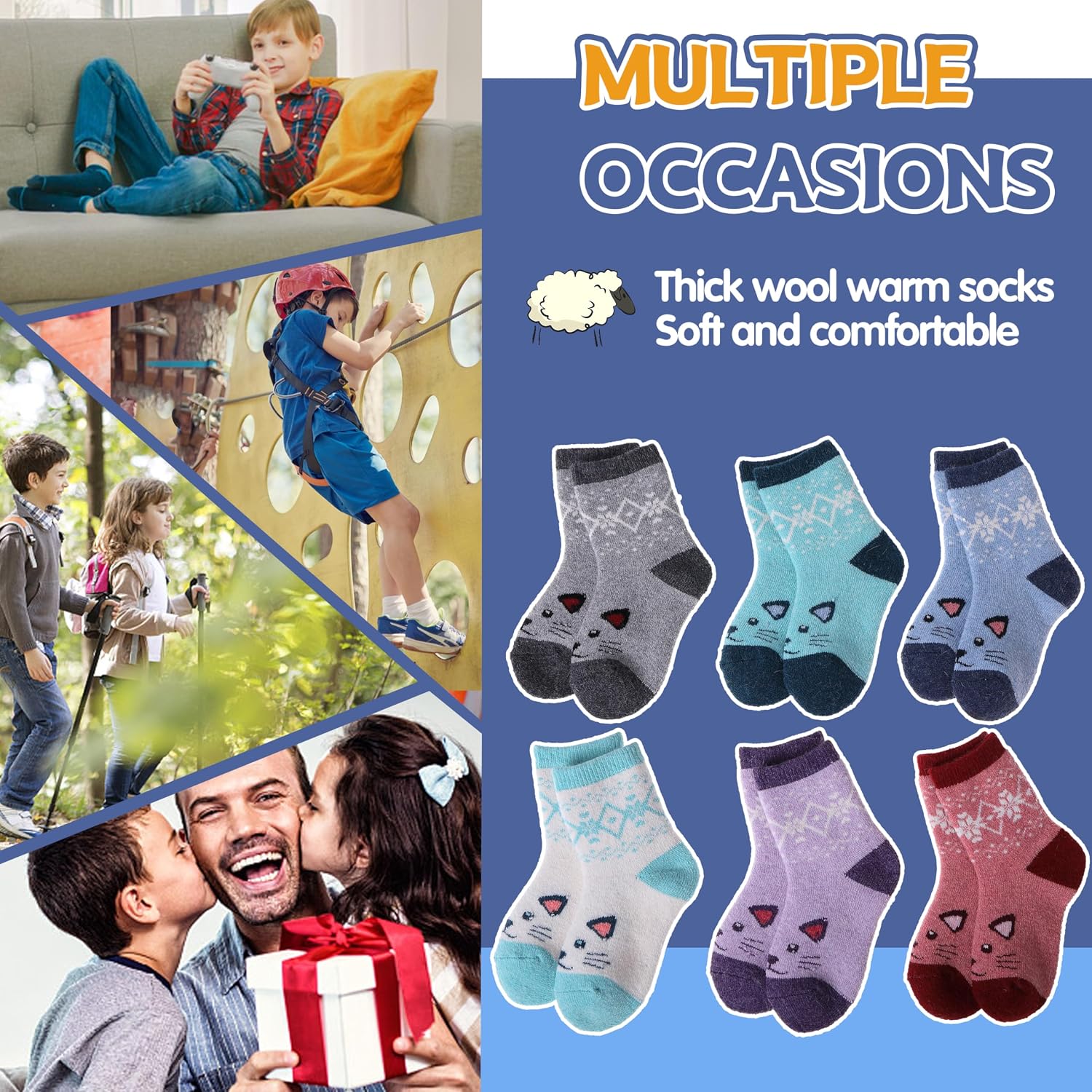 Detalle de ANTSANG Kids Merino Wool Hiking Socks, 6 Pairs, Full Cushioning