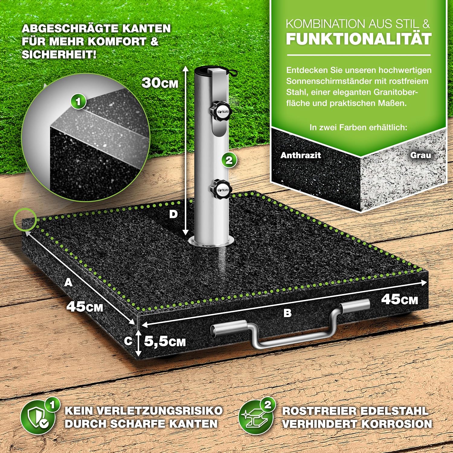 Detalle 2 de tillvex TVGNSSD-006 granieten parasolvoet 27 kg met wielen