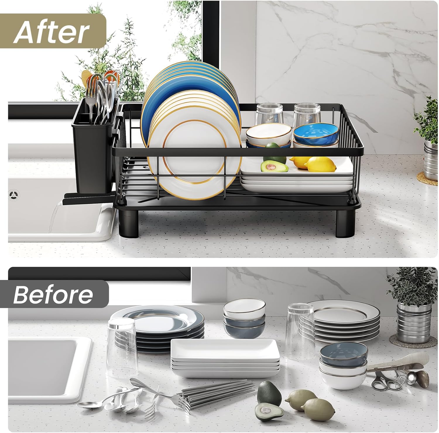 Detalle de Dish Drying Rack Small with Drainboard, Utensil Holder & Stainless Steel Frame (Black) – Compact Countertop Drainer