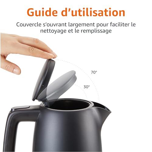 Detalle de Amazon Basics Bouilloire Électrique 1,7 L – 2200 W, Base 360°, Arrêt Automatique et Filtre Anti-Calcaire Amovible