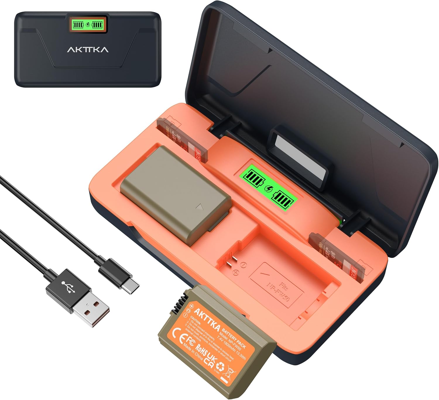 AKTTKA Batteria NP-FW50 1800 mAh (2 pezzi) + caricatore rapido 20 W con display LCD e scomparto SD per Sony ZV-E10, A6000, A6400, A6500, A7 II, A7R II, A7S II, RX10 IV