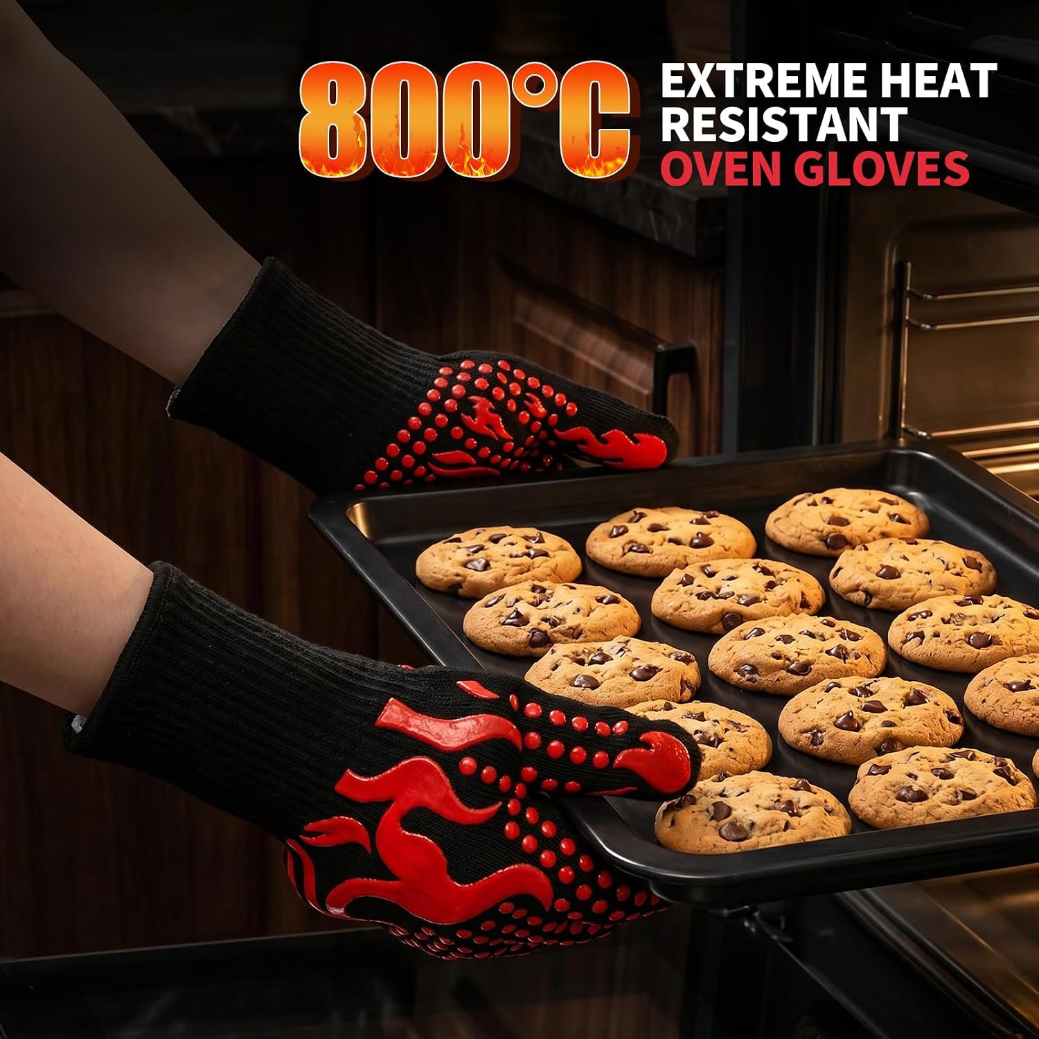Detalle de BBQ Gloves: 800°C Extreme Heat Resistant Oven Gloves with Fingers (Set of 2)