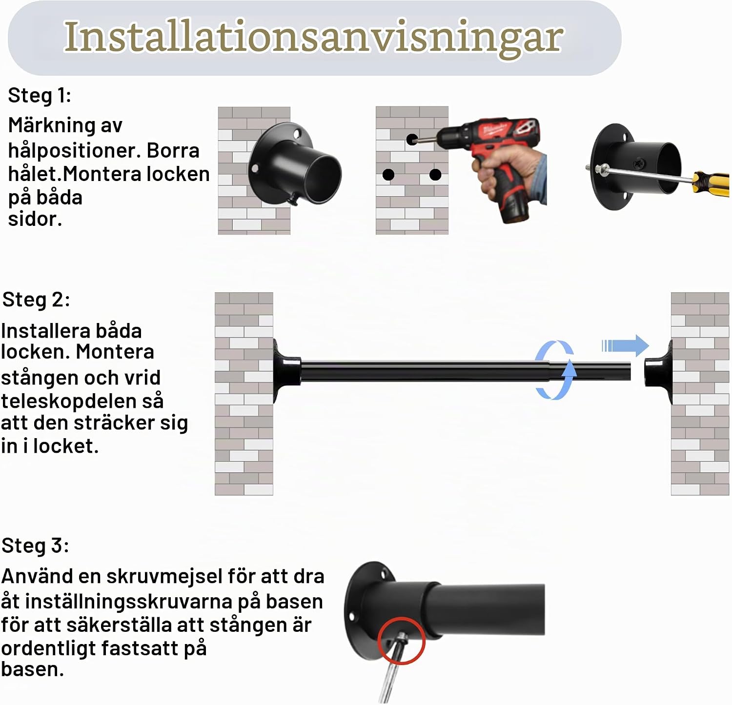 Detalle 1 de Venwemong utdragbar klädstång 110–270 cm i svart metall, Ø 32 mm