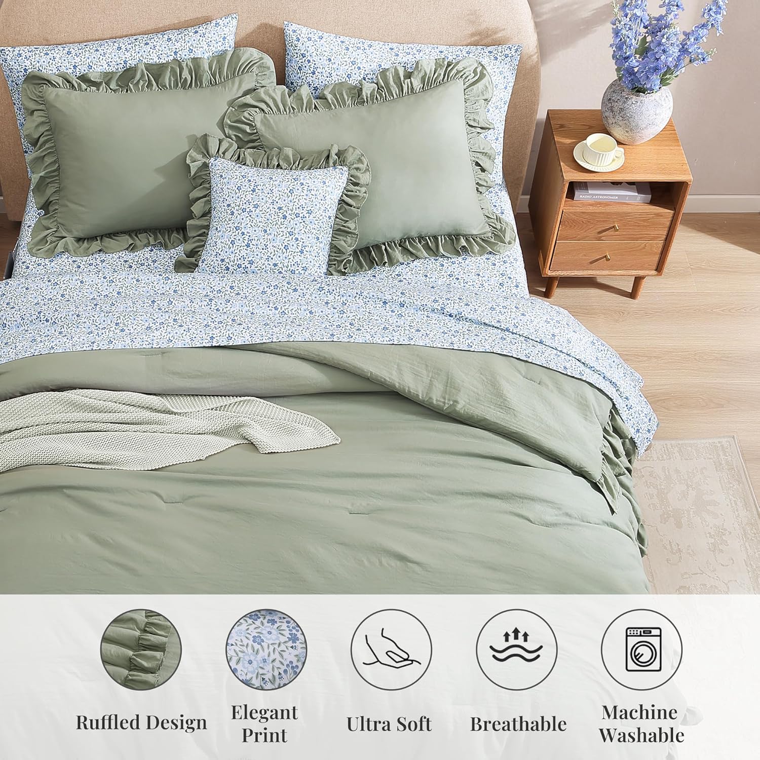Thumbnail 5 de BLOOMHAVEN Queen Comforter Set - 7 Pieces, Ruffle Sage Green with Floral Sheets