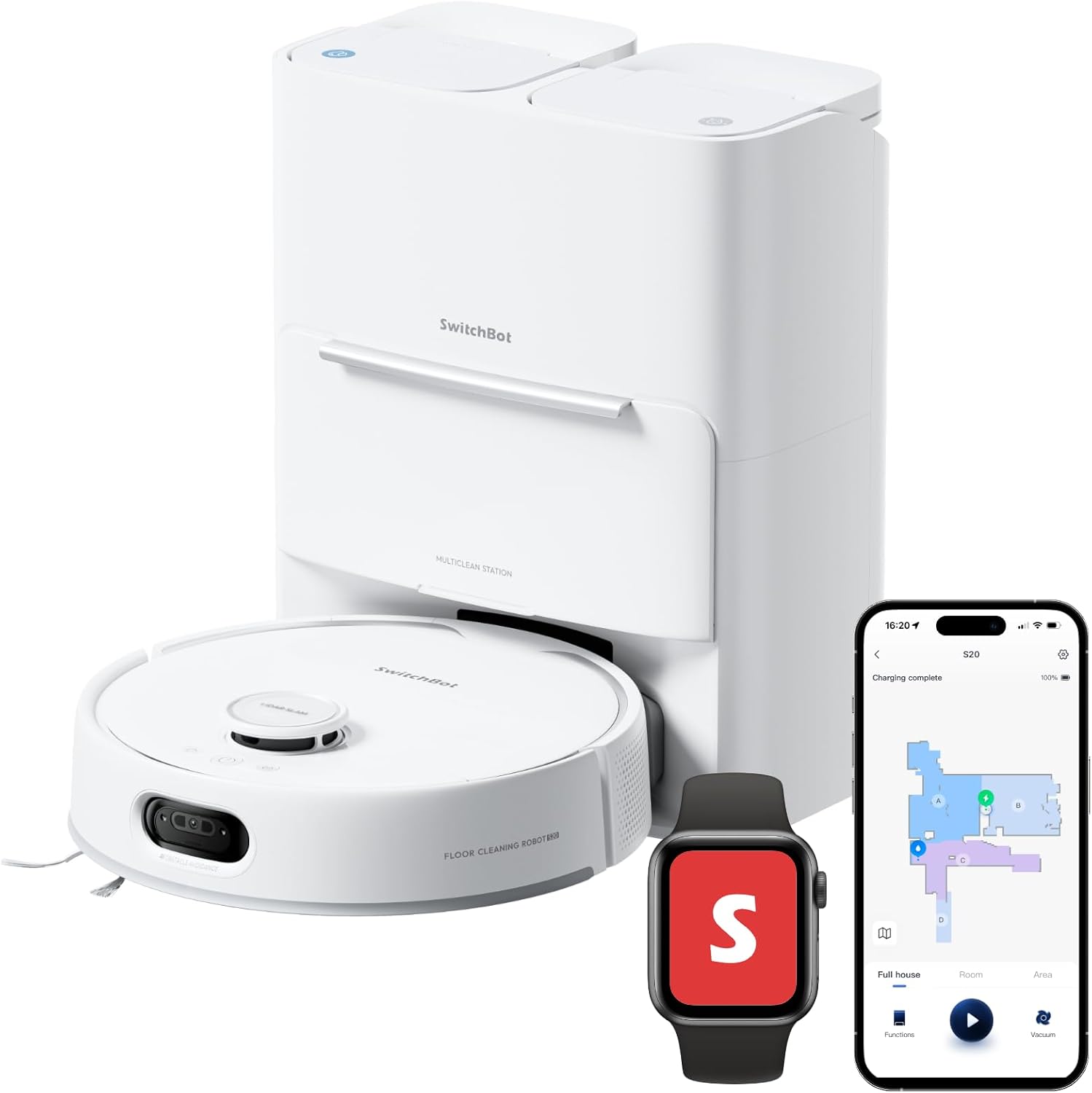 Detalle de SwitchBot S20 Robot Vacuum Cleaner with Mop: 10,000Pa suction, AI obstacle avoidance and auto mop washing